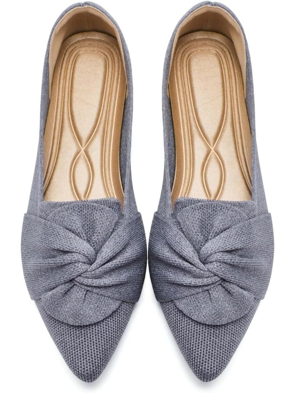 Women's Grey Pointed Toe Ballet With Bow Comfortable Knit Dressy Flats Shoes